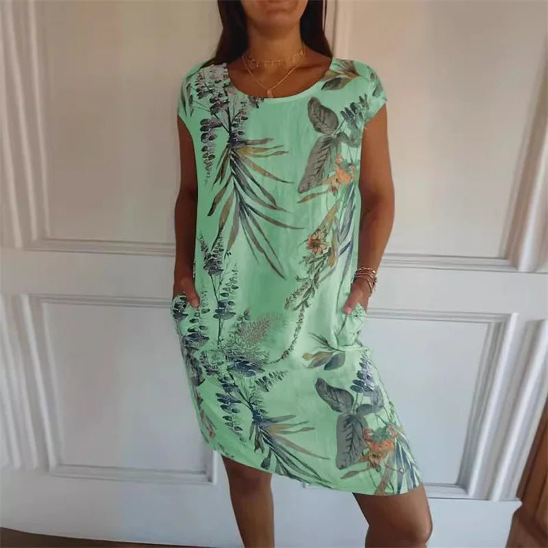 Sommarklänning med Botaniskt Print & Fickor – Boho Stil - STILUNA