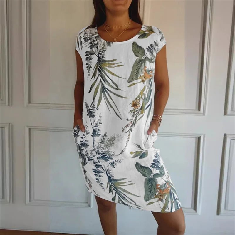Sommarklänning med Botaniskt Print & Fickor – Boho Stil - STILUNA