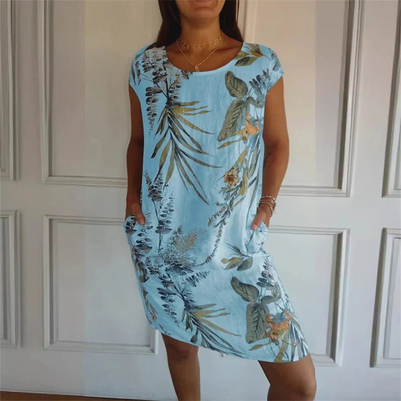 Sommarklänning med Botaniskt Print & Fickor – Boho Stil - STILUNA