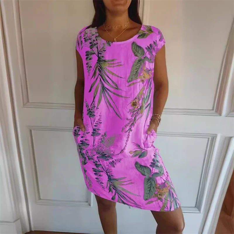 Sommarklänning med Botaniskt Print & Fickor – Boho Stil - STILUNA