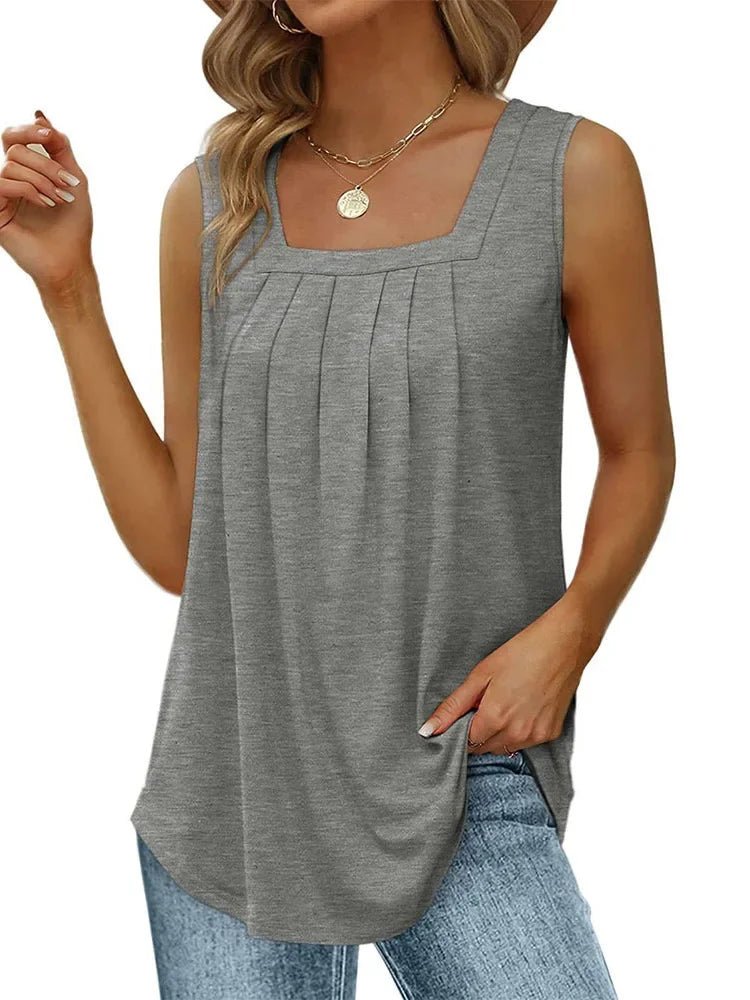Stilren Ärmlös T-shirt med Fyrkantig Krage för Kvinnor – Ruched Design, Mångsidig och Bekväm - STILUNA