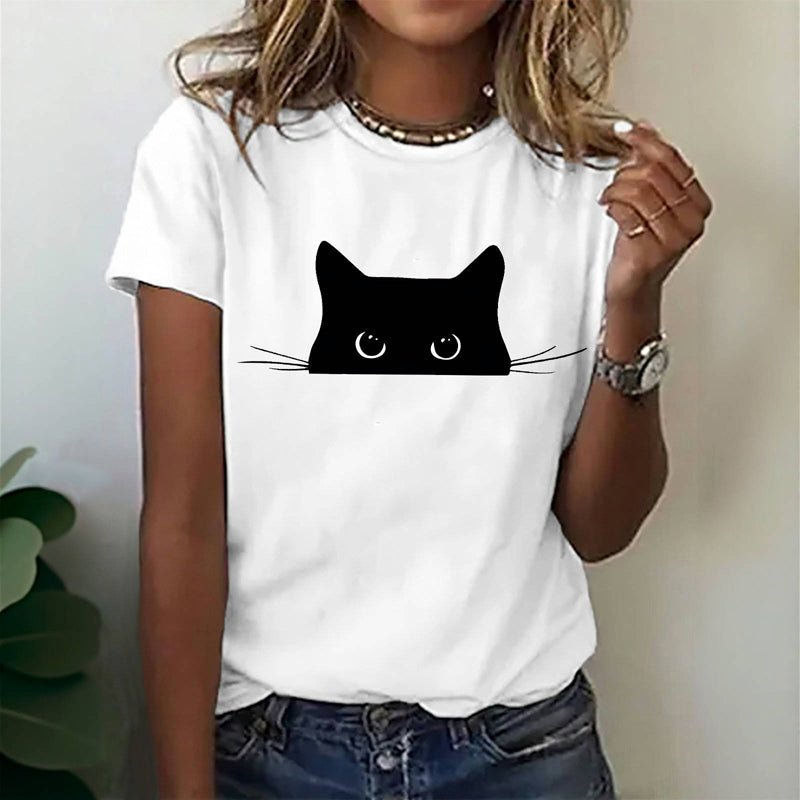 T-shirt med Katttryck i Bomull och Polyester – Kortärmad Rundhalsad - STILUNA