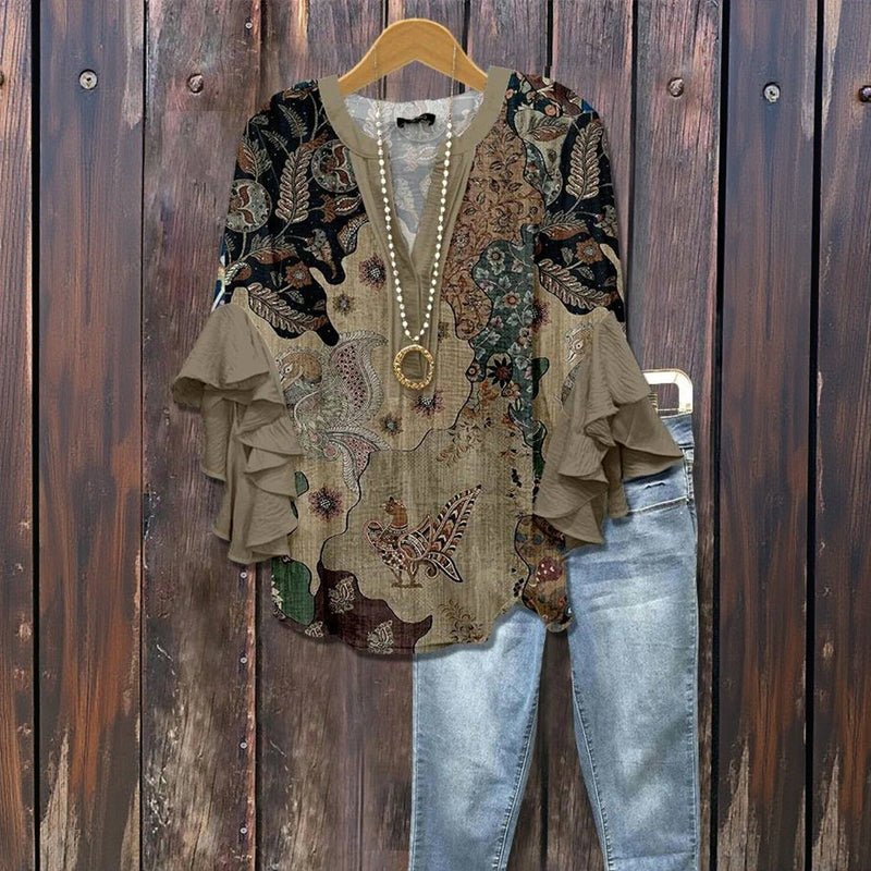 Vintage Blus i Bomull och Polyester med Ruffle Ärmar – V - Ringning för Vår och Sommar - STILUNA