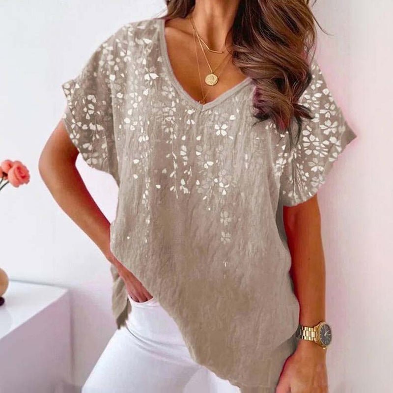 Vintage Blus i Bomull och Polyester med V - Ringning – Kortärmad för Vår och Sommar - STILUNA