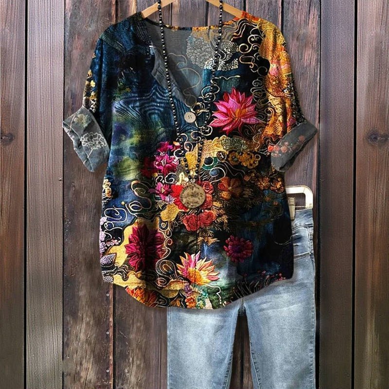Vintage Blus med Abstrakt Tryck – Trekvartsärm och V - Ringning i Bomull och Polyester - STILUNA