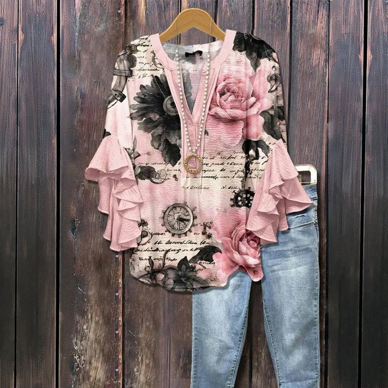 Vintage Blus med Blommönster i Bomull och Polyester – Halvlång Ärm med V - Ringning - STILUNA