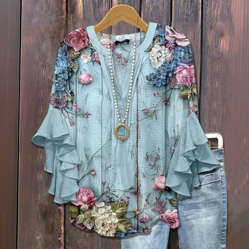 Vintage Blus med Blommönster i Bomull och Polyester – Halvlång Ärmar med V - Ringning - STILUNA