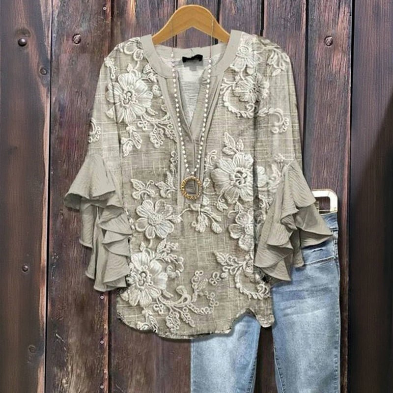 Vintage Blus med Blommönster i Bomull och Polyester – Halvlång Ärmar med V - Ringning - STILUNA
