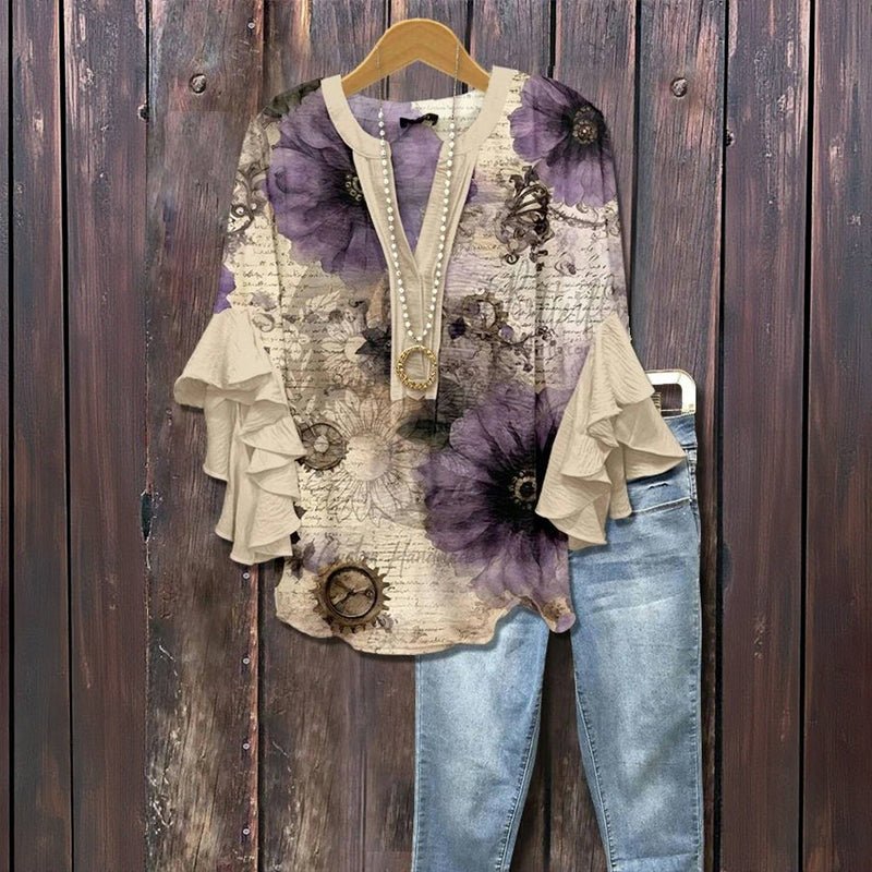 Vintage Blus med Blommönster i Bomull och Polyester – Halvlång Ärmar och V - Ringning - STILUNA