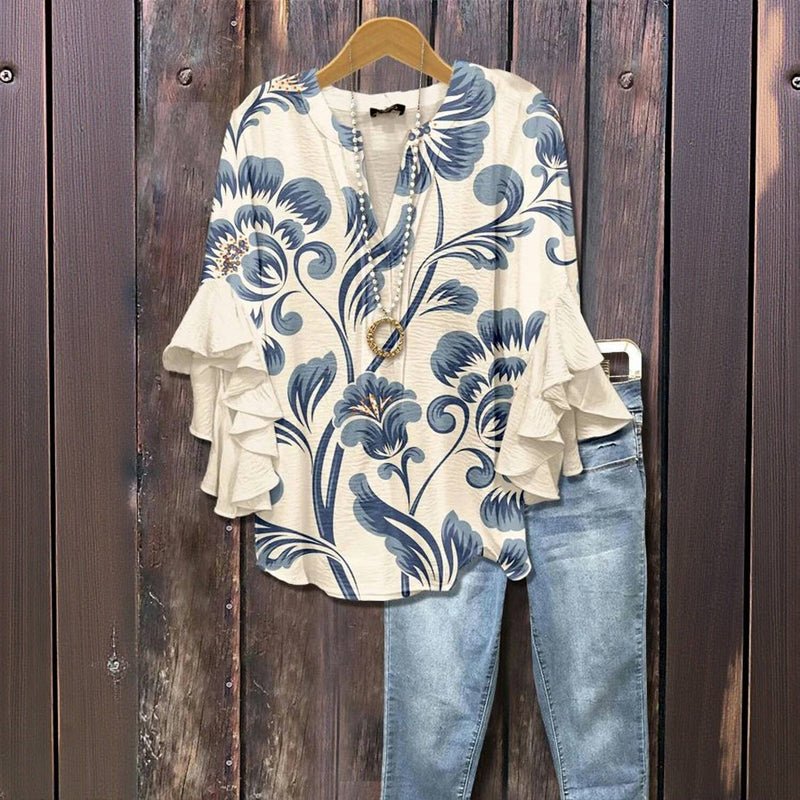 Vintage Blus med Blommönster i Bomull och Polyester – Halvlång Ärmar och V - Ringning - STILUNA