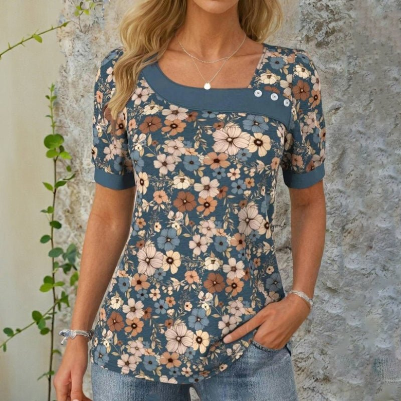 Vintage Blus med Blommönster i Bomull och Polyester – Kortärmad med Snedskuren Halsringning - STILUNA