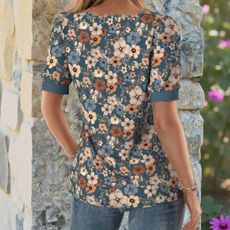 Vintage Blus med Blommönster i Bomull och Polyester – Kortärmad med Snedskuren Halsringning - STILUNA