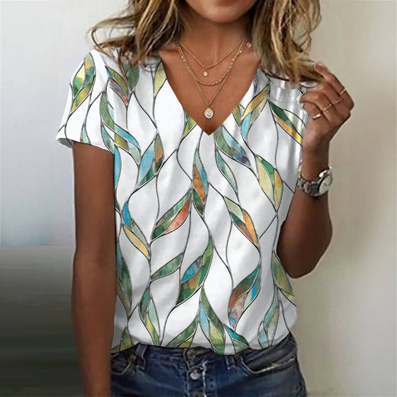 Vintage T-Shirt i Bomull och Polyester med V - Ringning – Kortärmad för Vår och Sommar - STILUNA