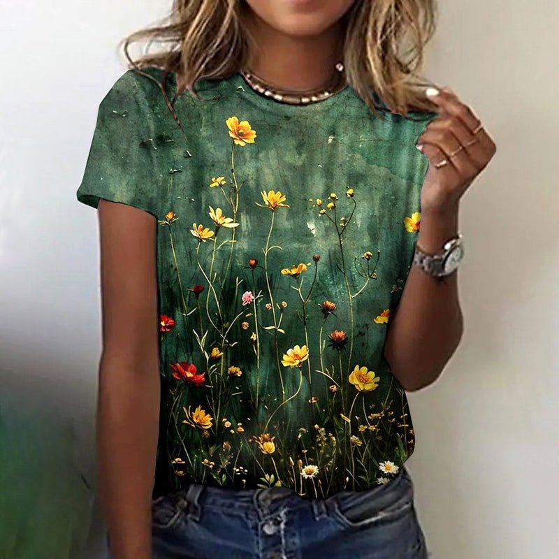 Vintage T-shirt med Blommigt Tryck i Bomull och Polyester – Kortärmad Rundhalsad - STILUNA