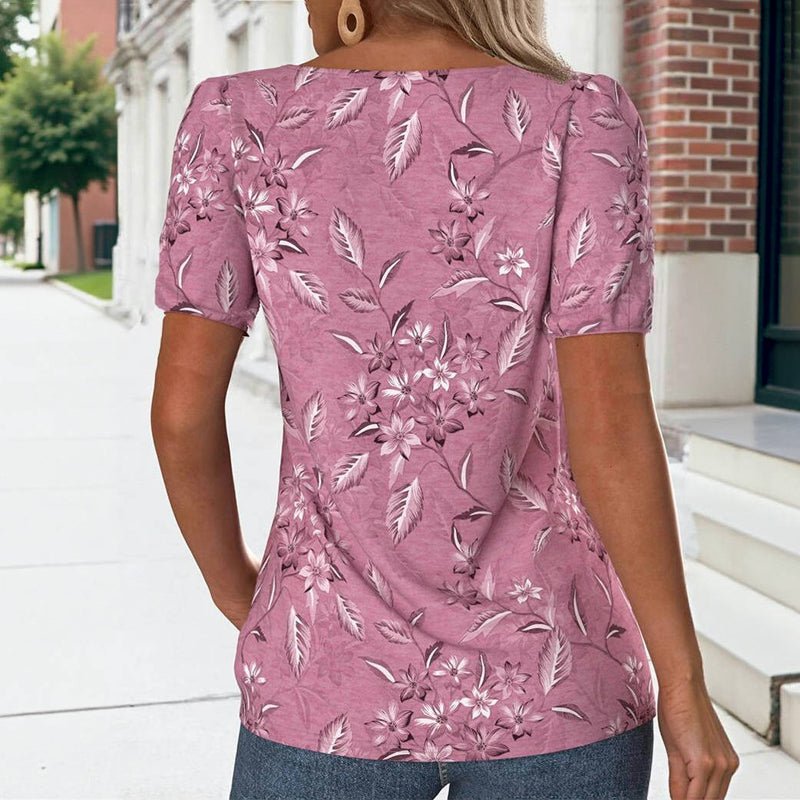 Vintage T-shirt med Blommigt Tryck – Kortärmad U - Ringning i Bomull och Polyester - STILUNA