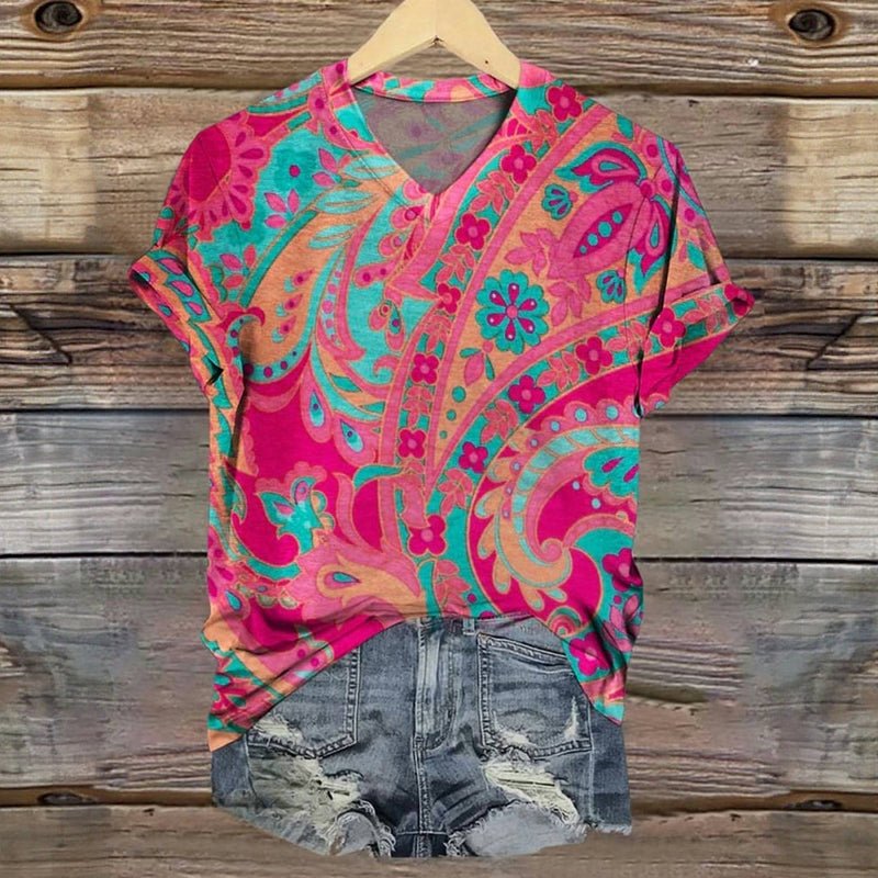 Vintage T-shirt med Blommigt Tryck – Kortärmad V - Ringning i Bomull och Polyester - STILUNA