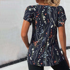Vintage T-shirt med Blommönster i Bomull och Polyester – Kortärmad V - Ringning för Vår och Sommar - STILUNA