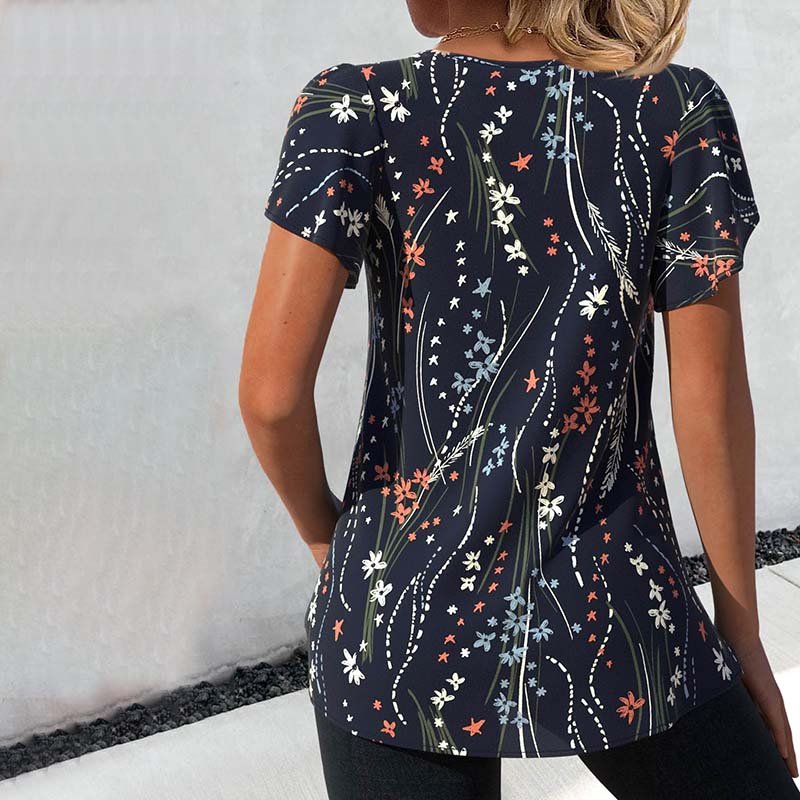 Vintage T-shirt med Blommönster i Bomull och Polyester – Kortärmad V - Ringning för Vår och Sommar - STILUNA