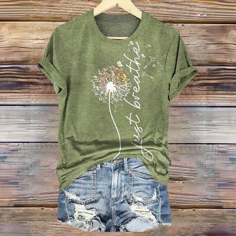 Vintage T-shirt med Maskrostryck i Bomull och Polyester – Kortärmad Rundhalsad - STILUNA