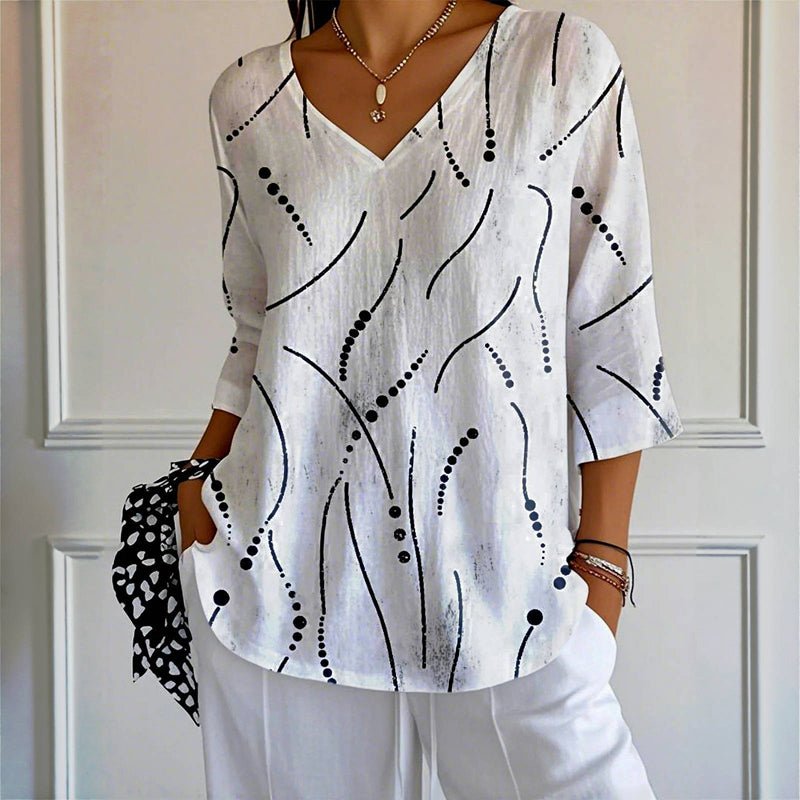 Vintage T-Shirt med Trekvartsärm och V - Ringning – Bomull och Polyester - STILUNA