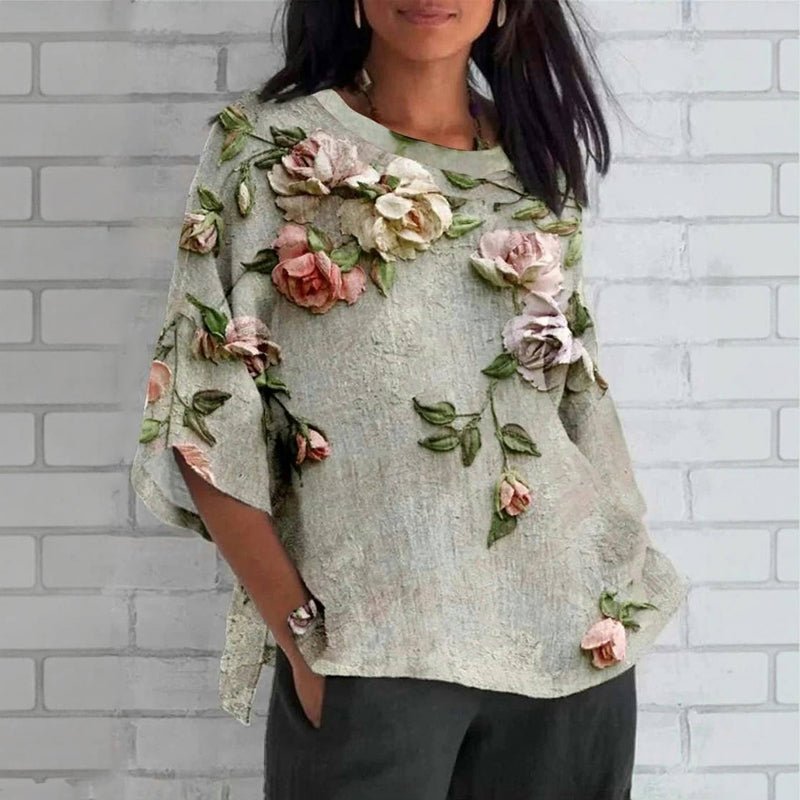 Vintageblus Blommönster i Bomullspolyester för Dam – Halv Ärmar och Rund Halsringning, Perfekt för Vår och Sommar - STILUNA