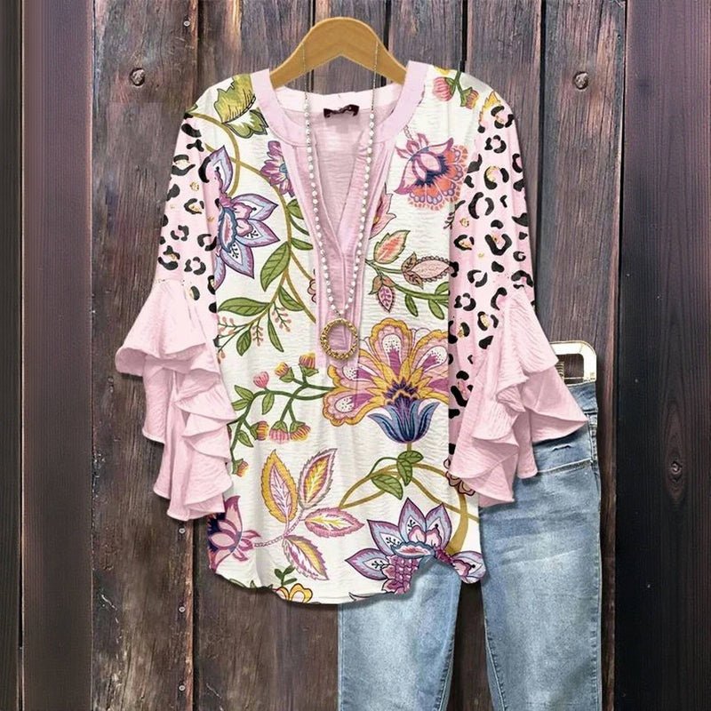 Vit Blus med Blommönster för Dam – Halvlång Ärmar och V - Ringning i Bomull och Polyester - STILUNA
